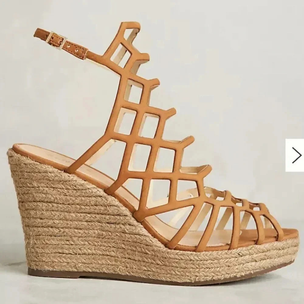 Schutz Marlyn Caged Wedge High Heeled Sandals Shoe Cutout Suede Tan Brown Size 7